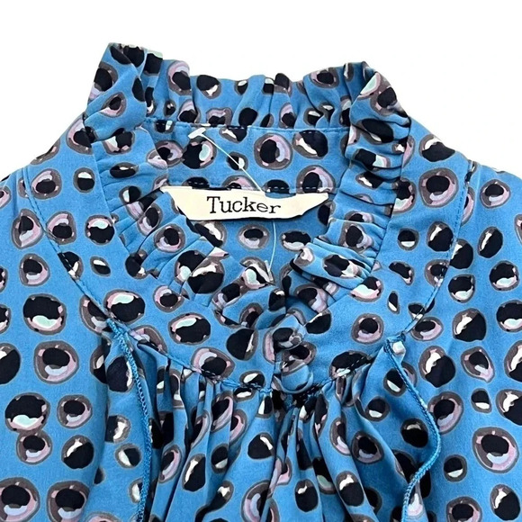 Tucker Sleeveless Ruffle Neck Silk Blouse Keyhole Casual Chic Blue Print Size S - Picture 4 of 8